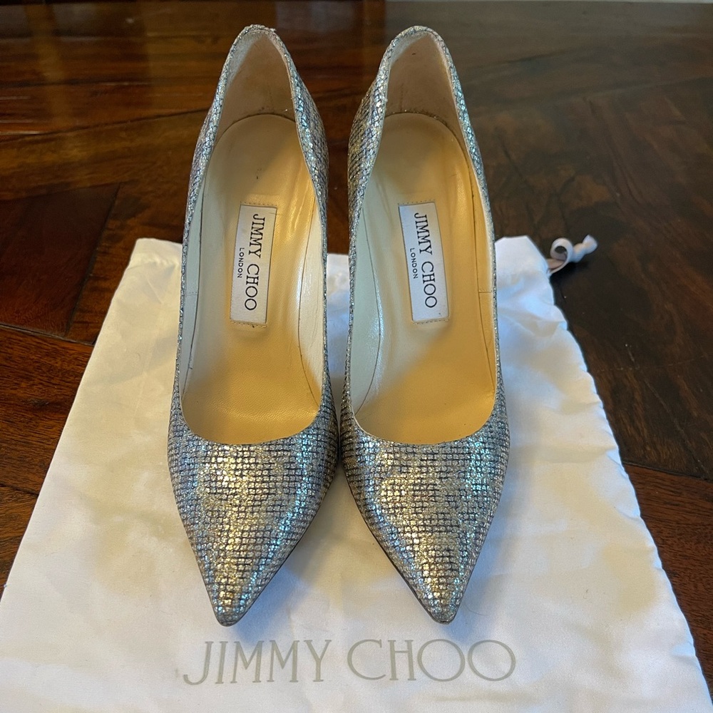 Jimmy Choo Aurora Pumps Stilettos Heels Glitter 4” Heel Size 37.5 - Picture 2 of 11